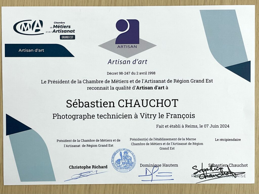 Titre de photographe Artisan d'Art décerné par la CMA